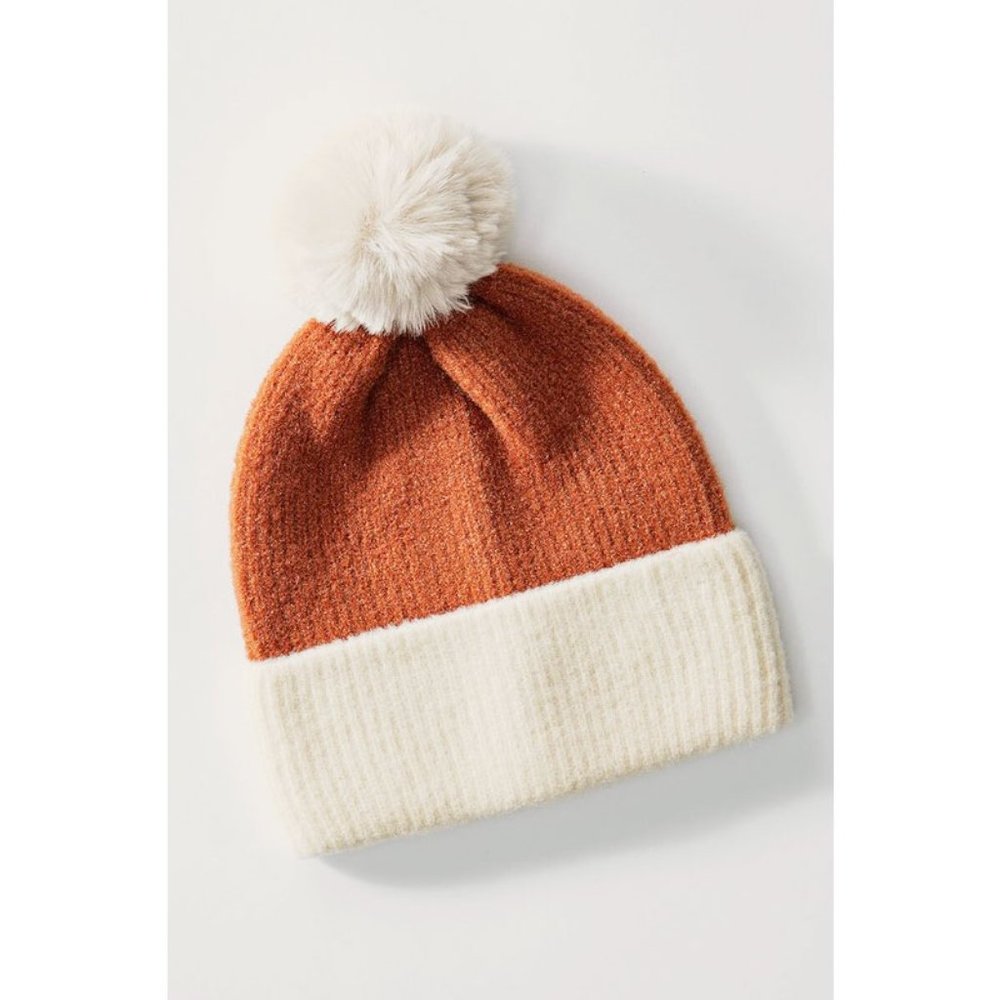 NEW Super Soft Cozy Faux Fur Pom Pom Color Block Rib Knit Beanie Hats Taupe Rust - Picture 3 of 8